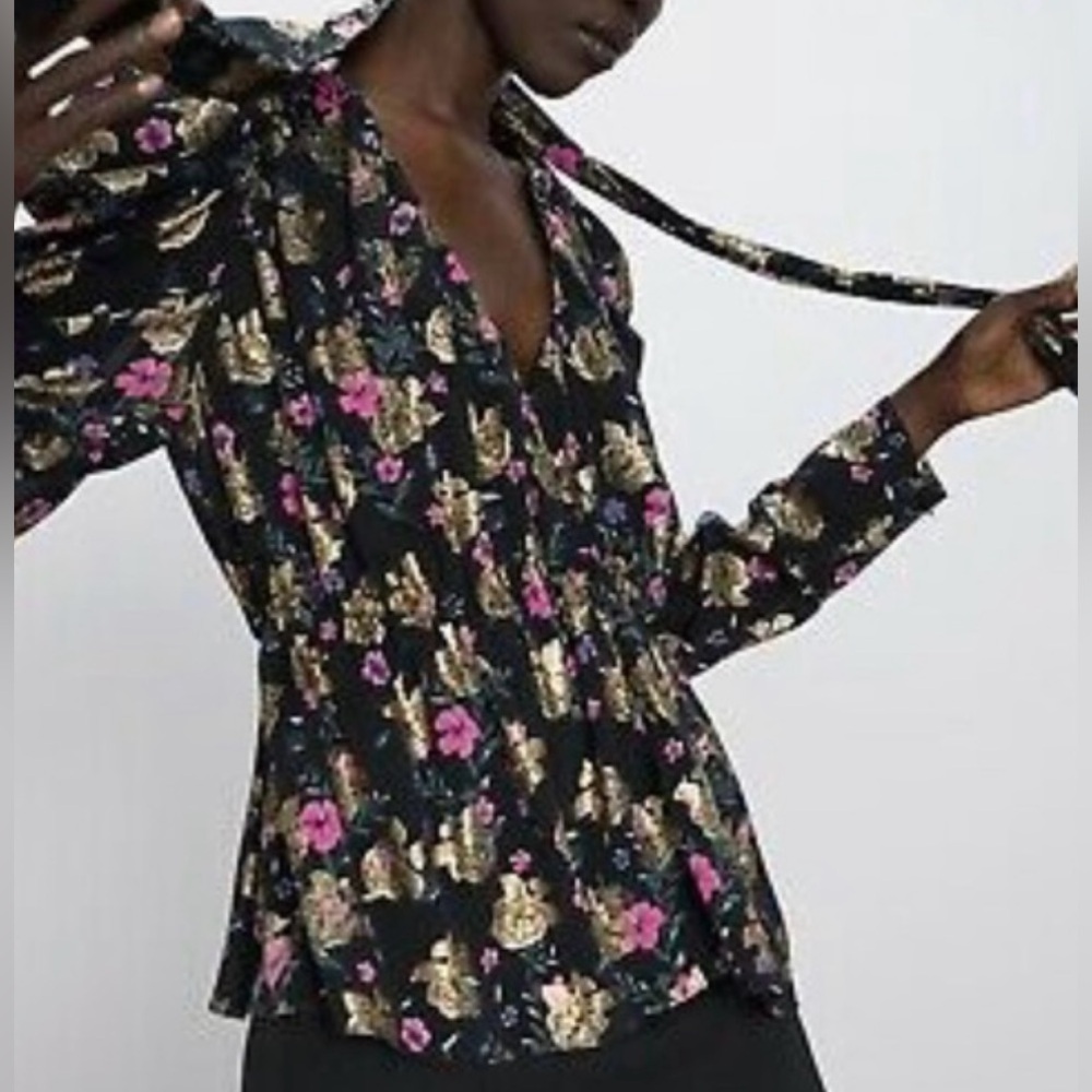 Zara Black Floral Blouse with Gold and Pink Accents